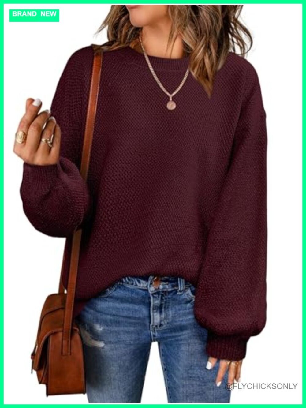 Oversized Knit Pullover Sweater Long Lantern Sleeve Crew Neck Loose Fit